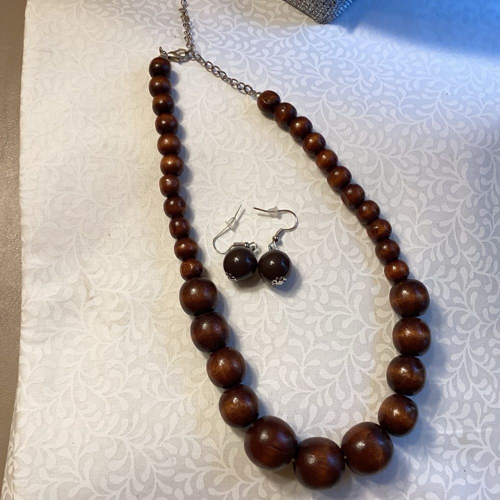 Elegant Brown Wooden Beaded Necklace and Earring Set